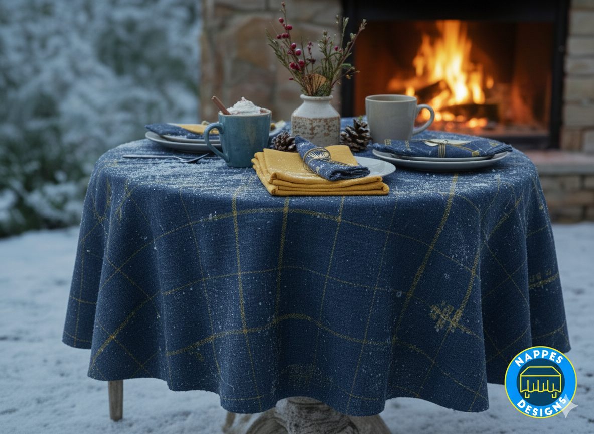 Nappe de table bleue à motifs dorés dressée devant une cheminée