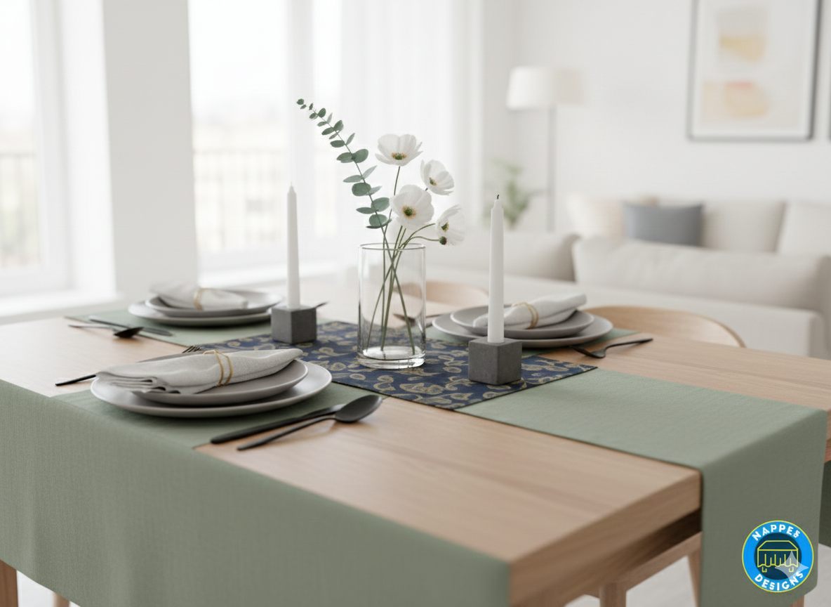 Chemin de table vert sauge sur une table en bois clair
