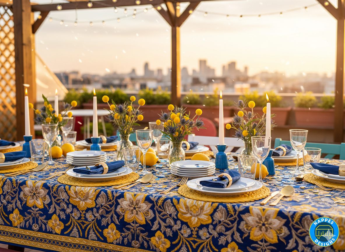 Nappe de table bleu et or à motifs floraux pour dîner sur toit-terrasse