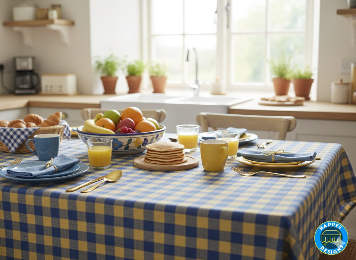 Nappe de table à carreaux bleu et jaune pour petit-déjeuner en cuisine